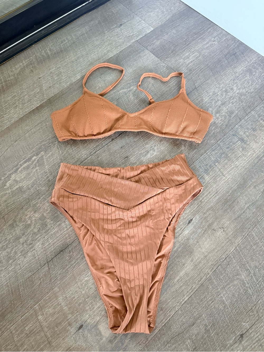 aerie Rust Brown Ribbed High-Waist Bikini Set